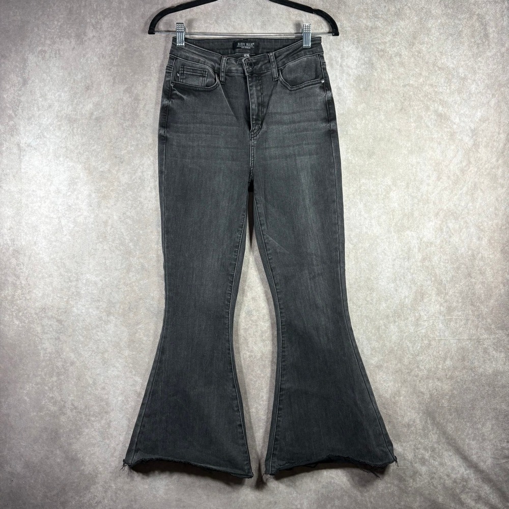 Judy Blue Jeans Women Size 3/26 Black Super Flare High Rise Raw Hem Boho Stretch